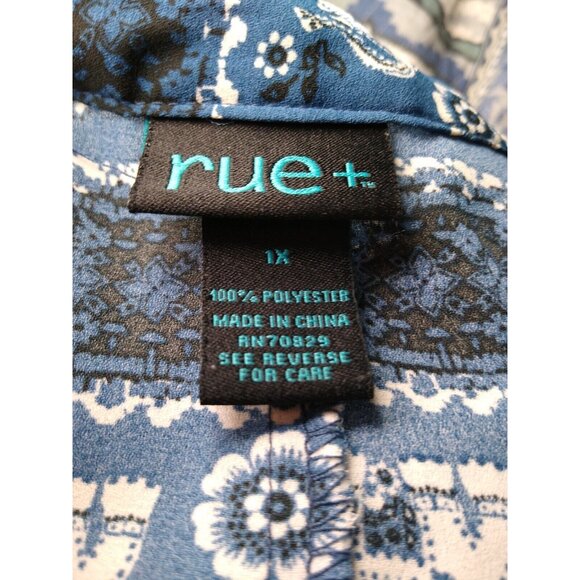 Rue 21 Womens Plus 1X Elephant Paisley Tunic Blouse Blue Roll Tab Sleeve Strappy - Picture 5 of 5